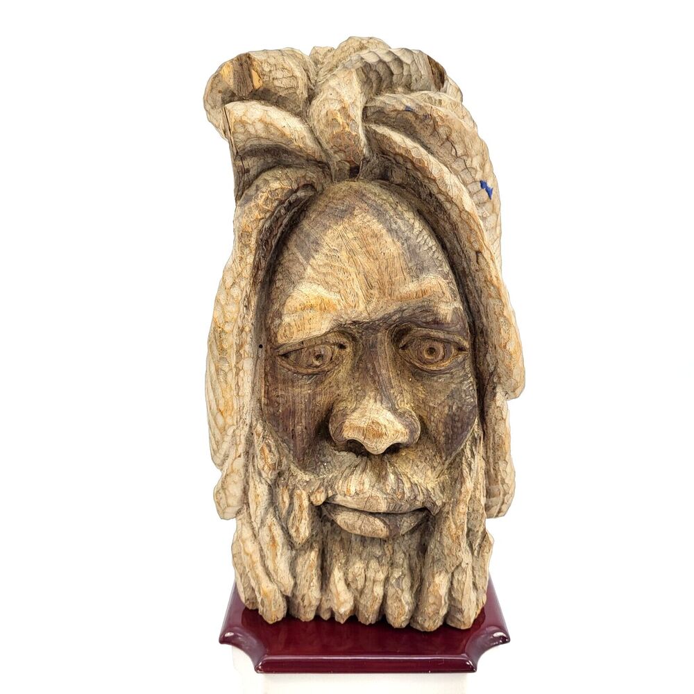 Vintage 1991 Hand Carved Rastafarian Head 8" Rasta Folk Art Figure